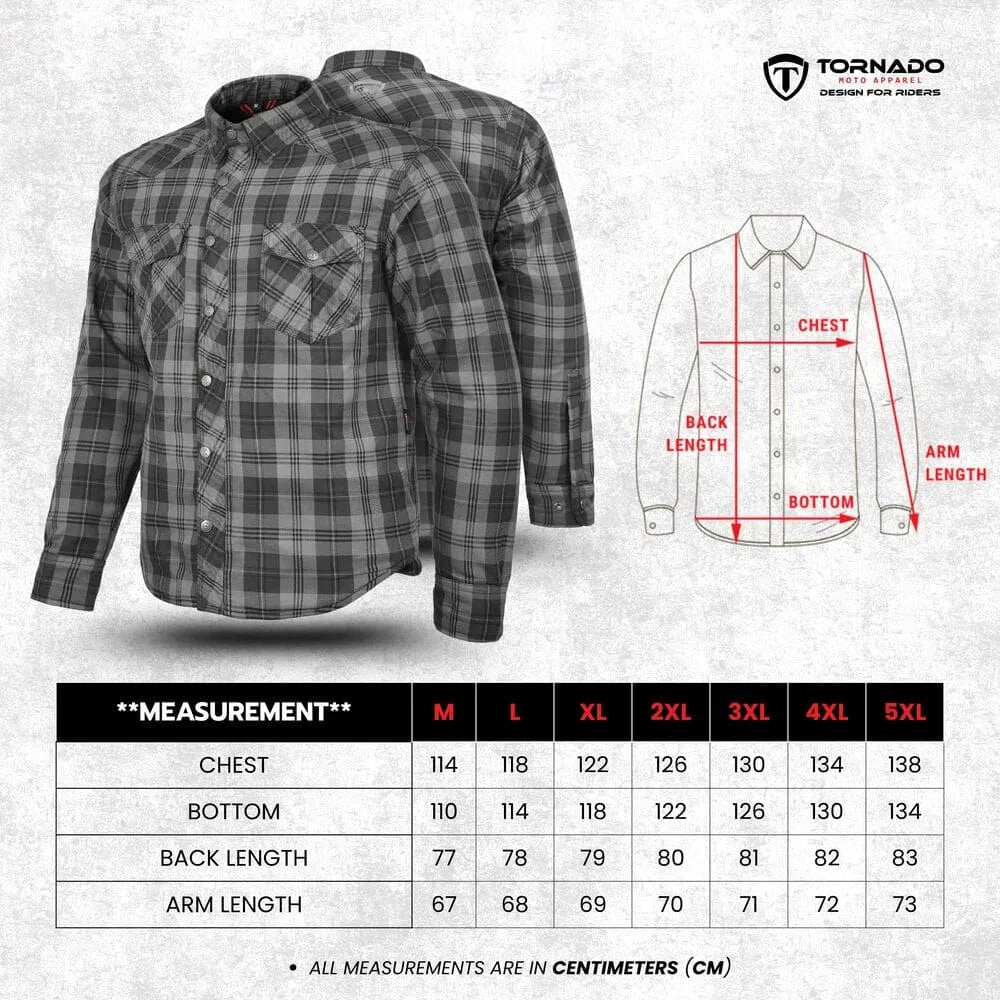 Size chart for Tornado Moto Apparel black and gray plaid Kevlar motorcycle shirt, displaying measurements for chest, back, arm, and bottom from size M to 5XL.