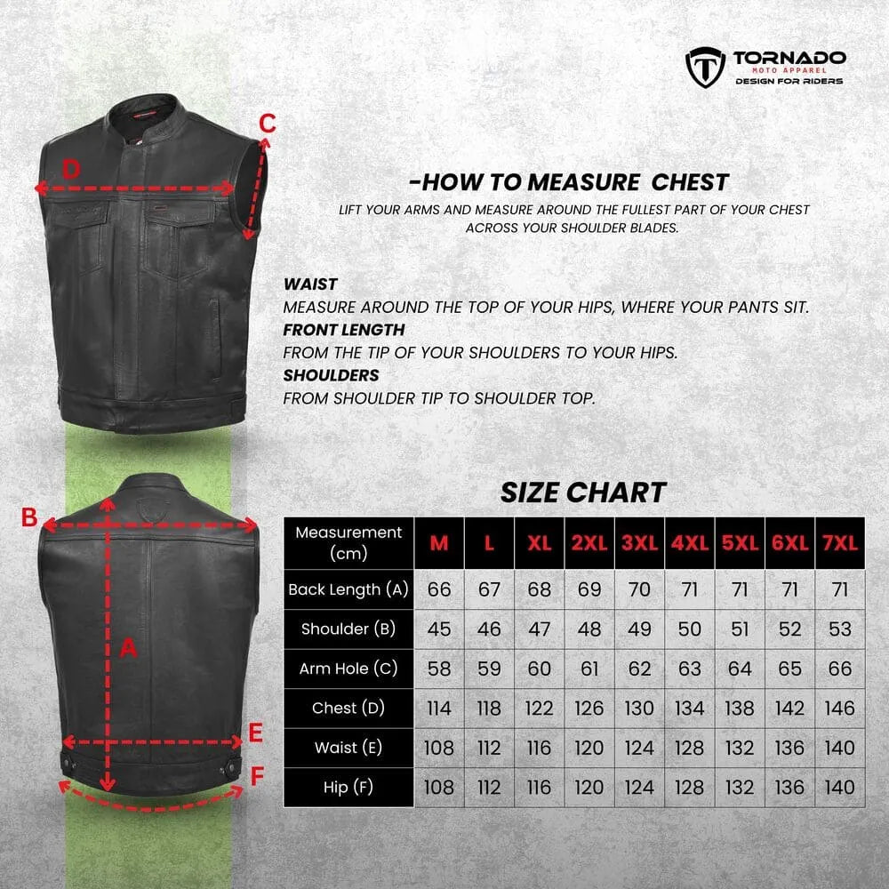 Black leather vest with measurement guide and size chart on a gray background