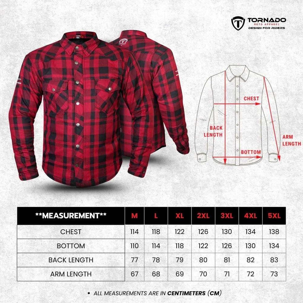 Size chart for Tornado Moto red and black plaid Kevlar motorcycle shirt with measurements from M to 5XL.