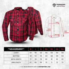 Size chart for Tornado Moto red and black plaid Kevlar motorcycle shirt with measurements from M to 5XL.