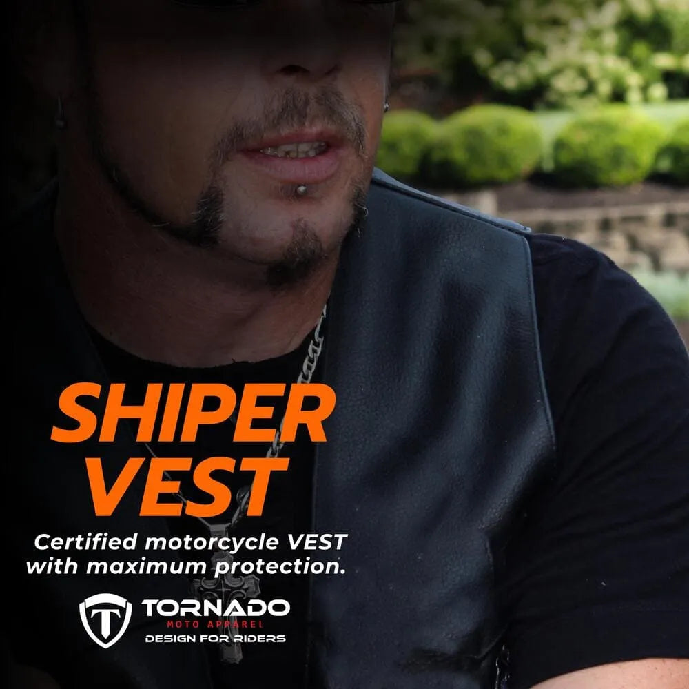 Certified Shiper Vest, a men's leather motorcycle vest offering maximum protection. Tornado moto apparel designed for riders with safety and style