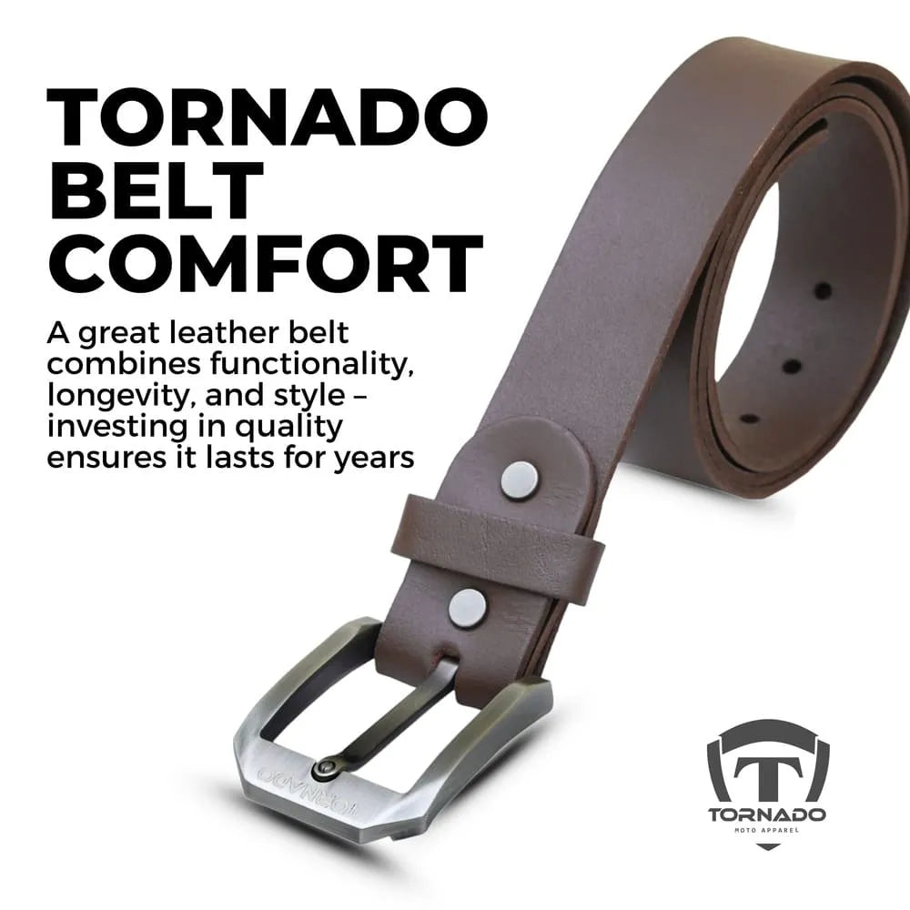 Brown leather belt with silver buckle on a white background, featuring text about belt comfort and quality.