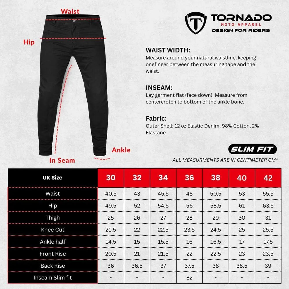Black jeans with measurement guide and Tornado Moto Apparel branding