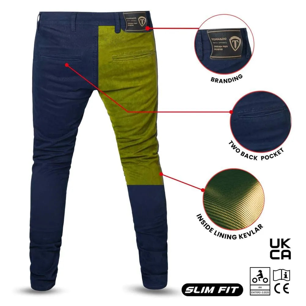 Rear view of Tornado Chino navy Kevlar motorcycle jeans showing full DuPont Kevlar protective lining two back pockets and branded leather patch