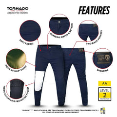 Tornado Chino Kevlar jeans features soft fabric durable zipper two back pockets inside Kevlar lining adjustable protector pockets CE Level 2 armor AA rated