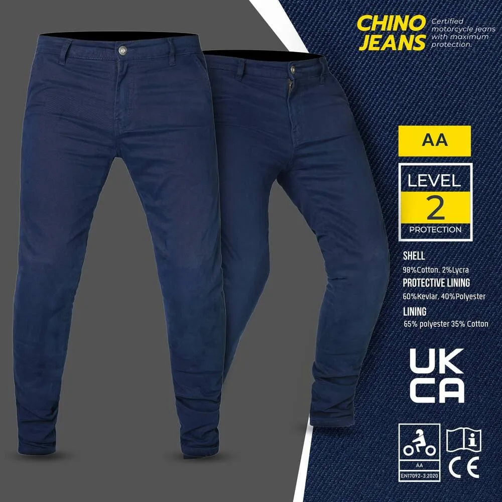 Tornado Chino navy motorcycle jeans 98% cotton 2% Lycra shell 60% Kevlar 40% polyester protective lining CE AA EN17092-3:2020 certified Level 2 protection