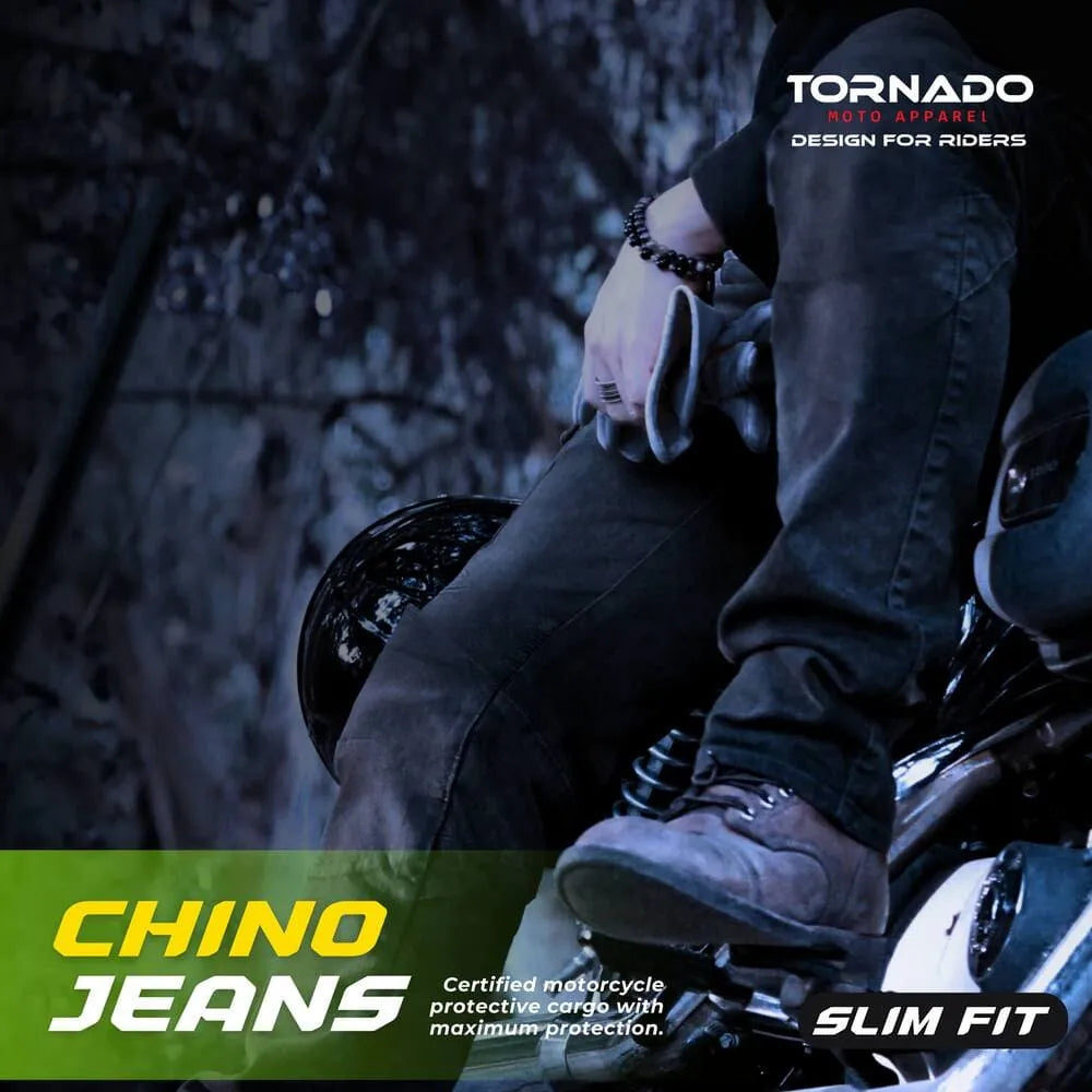 Rider wearing Tornado Chino navy blue slim fit Kevlar motorcycle jeans certified protective riding pants that look like regular chinos