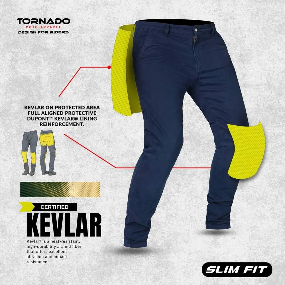Tornado Chino slim fit Kevlar jeans showing full DuPont Kevlar aramid reinforcement on seat hips thighs and knees for abrasion resistance