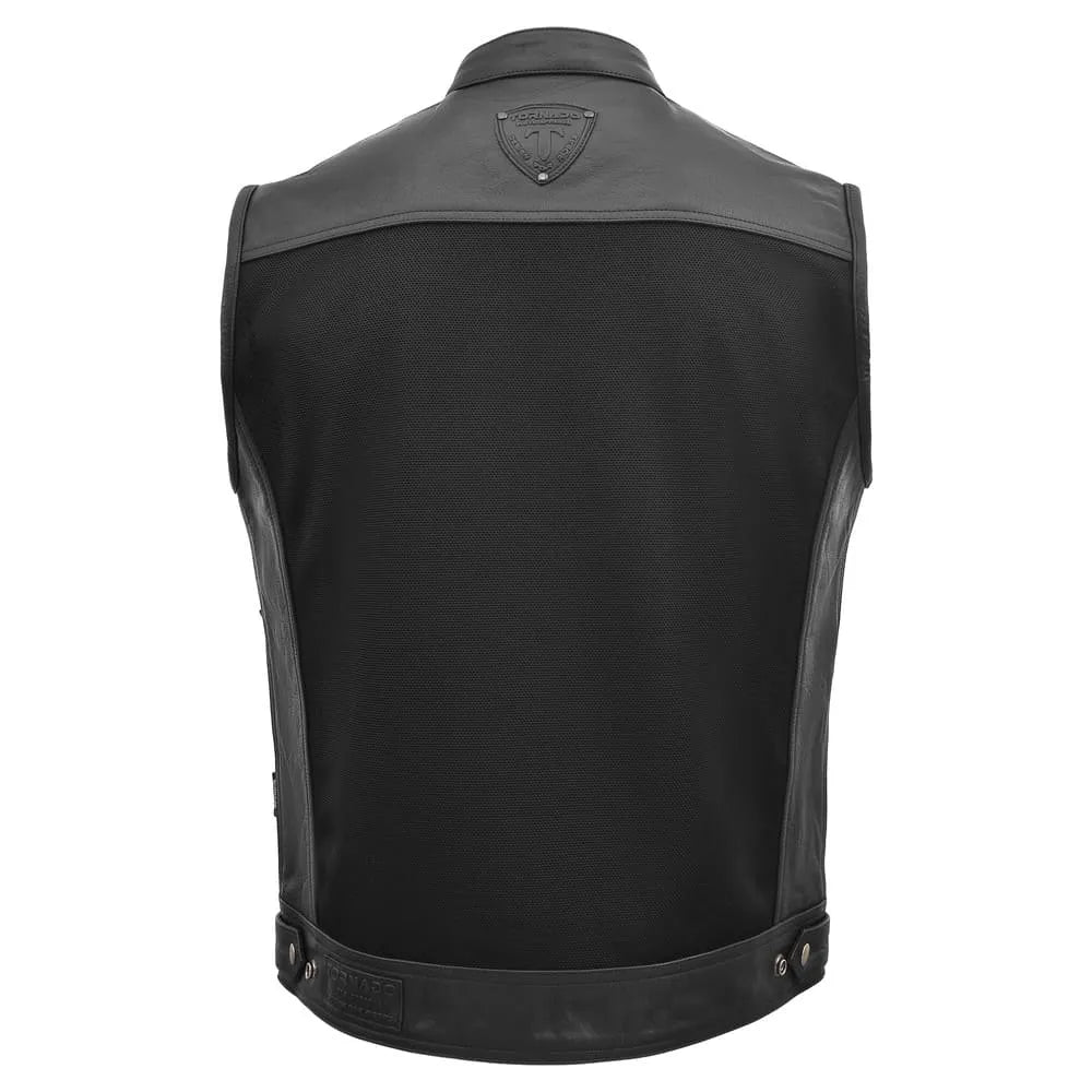 Black leather vest with a brand logo on the back against a white background