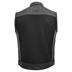 Black leather vest with a brand logo on the back against a white background