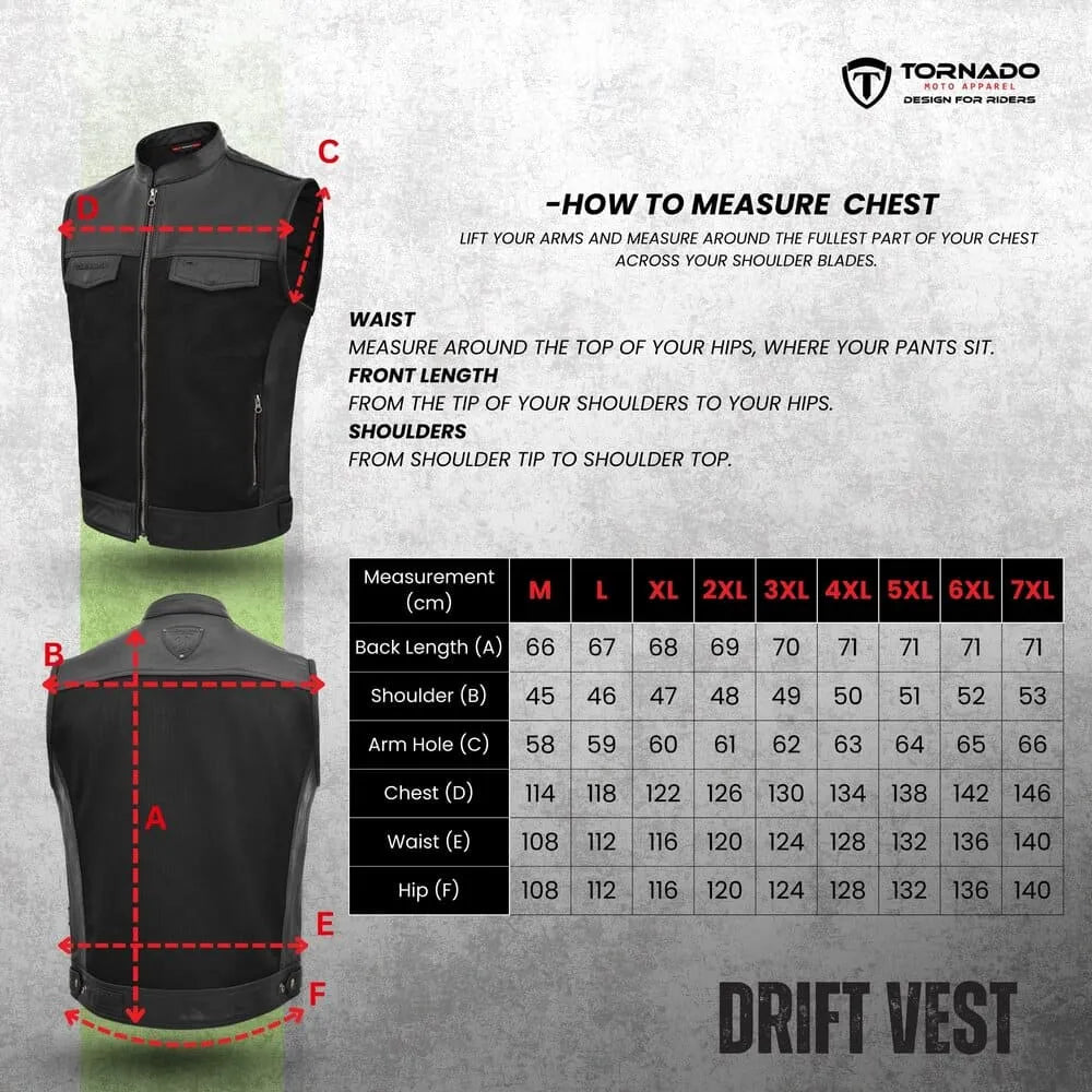 Drift vest with measurement chart and instructions on how to measure chest, waist, front length, shoulders, back length, shoulder width, arm hole, chest, waist, and hip.