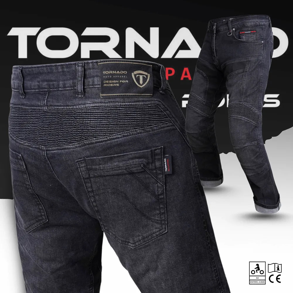 Tornado black motorcycle jeans with removable armor pockets, high-performance Kevlar fiber, ideal for protection while riding
