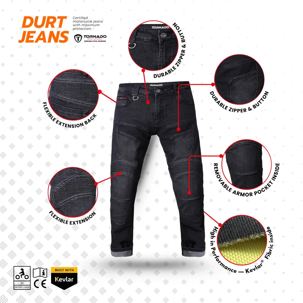 Tornado black motorcycle jeans, featuring flexible extension back and durable zippers, armoured with Kevlar for safety