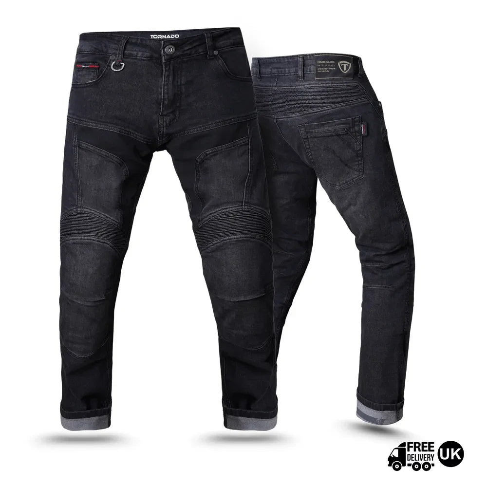 Tornado black motorcycle jeans with Kevlar reinforcement, armoured motorcycle jeans, protective riding jeans with CE certification