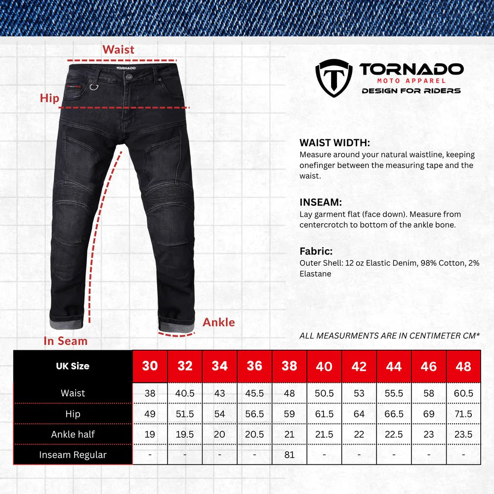 Tornado motorcycle jeans with reinforced Kevlar lining, knee and hip protectors, designed for safety and comfort