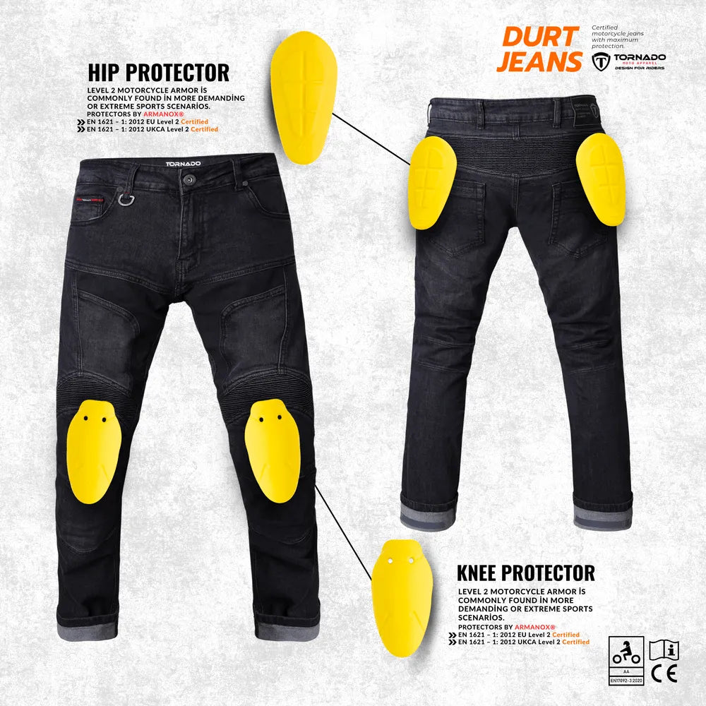 Tornado motorcycle jeans with CE certified hip and knee protectors, durable and flexible for extreme sports