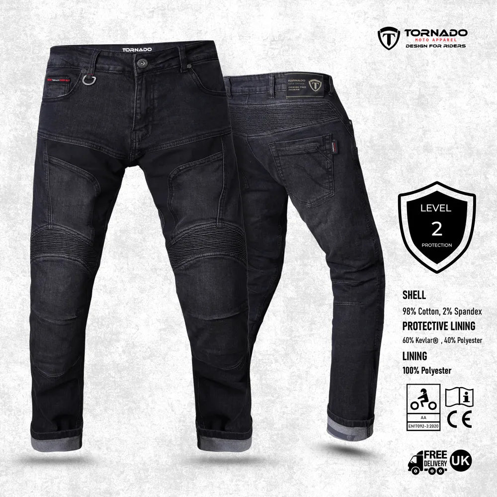 Tornado motorcycle jeans with level 2 protection, Kevlar lining, durable denim, best armoured motorcycle jeans for safe riding