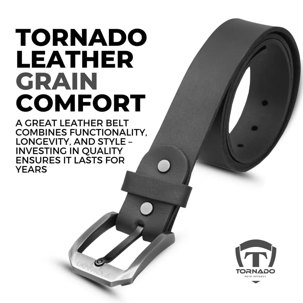 Black leather belt with silver buckle on a white background, featuring text about leather grain comfort.