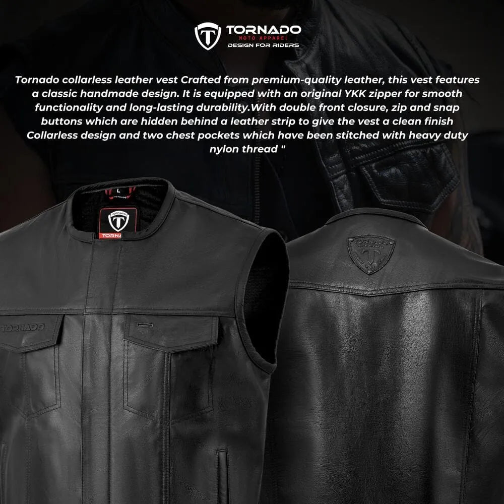 Close-up view of men's real leather biker waistcoat, highlighting the Tornado logo and quality stitching. A durable and stylish motorcycle vest for riders