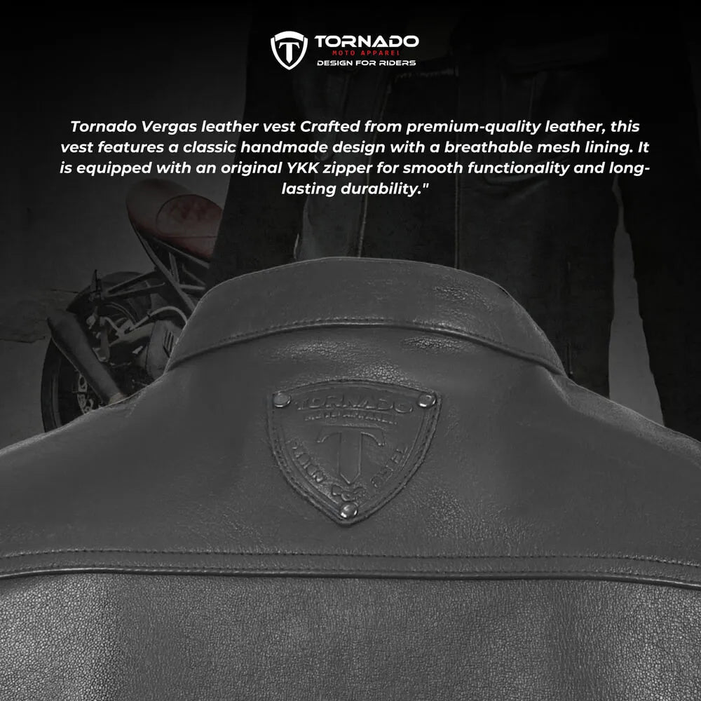 Tornado leather vest with branding and product description text overlay