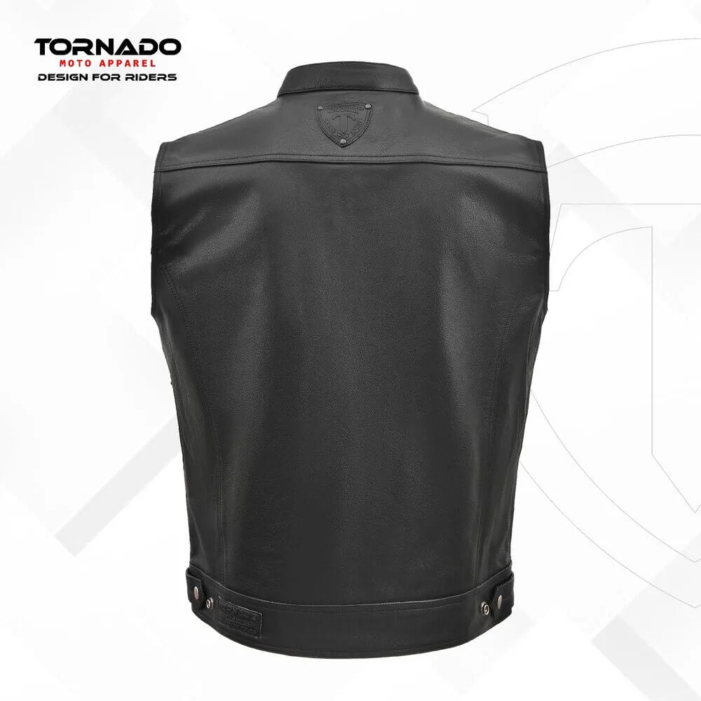 Black leather vest with Tornado Moto Apparel branding on a white background