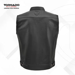 Black leather vest with Tornado Moto Apparel branding on a white background