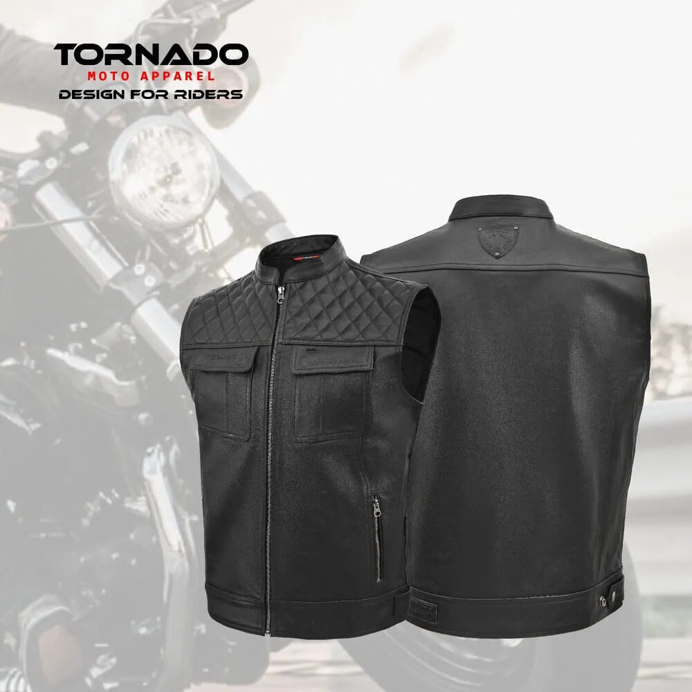 Black motorcycle vest with quilted design on a blurred motorcycle background, featuring Tornado Moto Apparel branding.