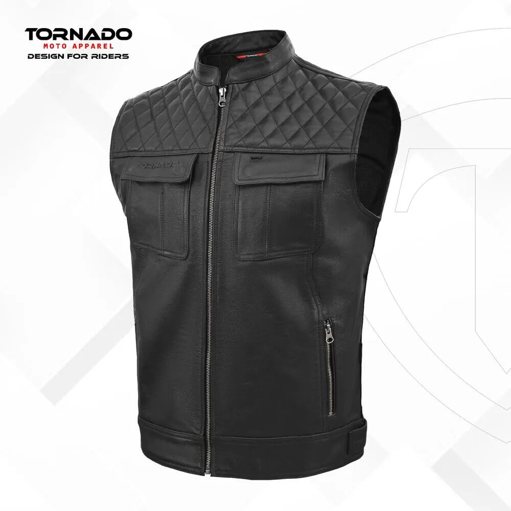 Black quilted vest with brand logo on a white background