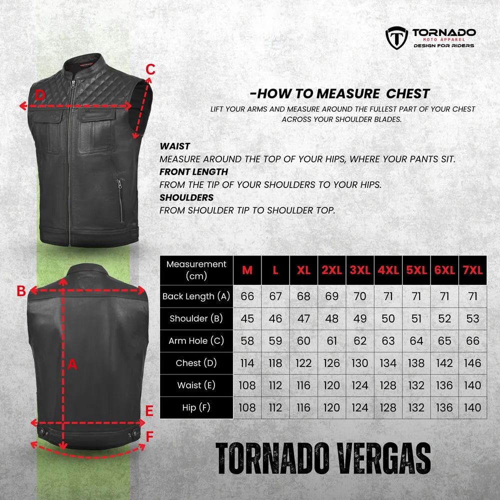 Measurement guide for a black leather vest with Tornado Vergas branding.
