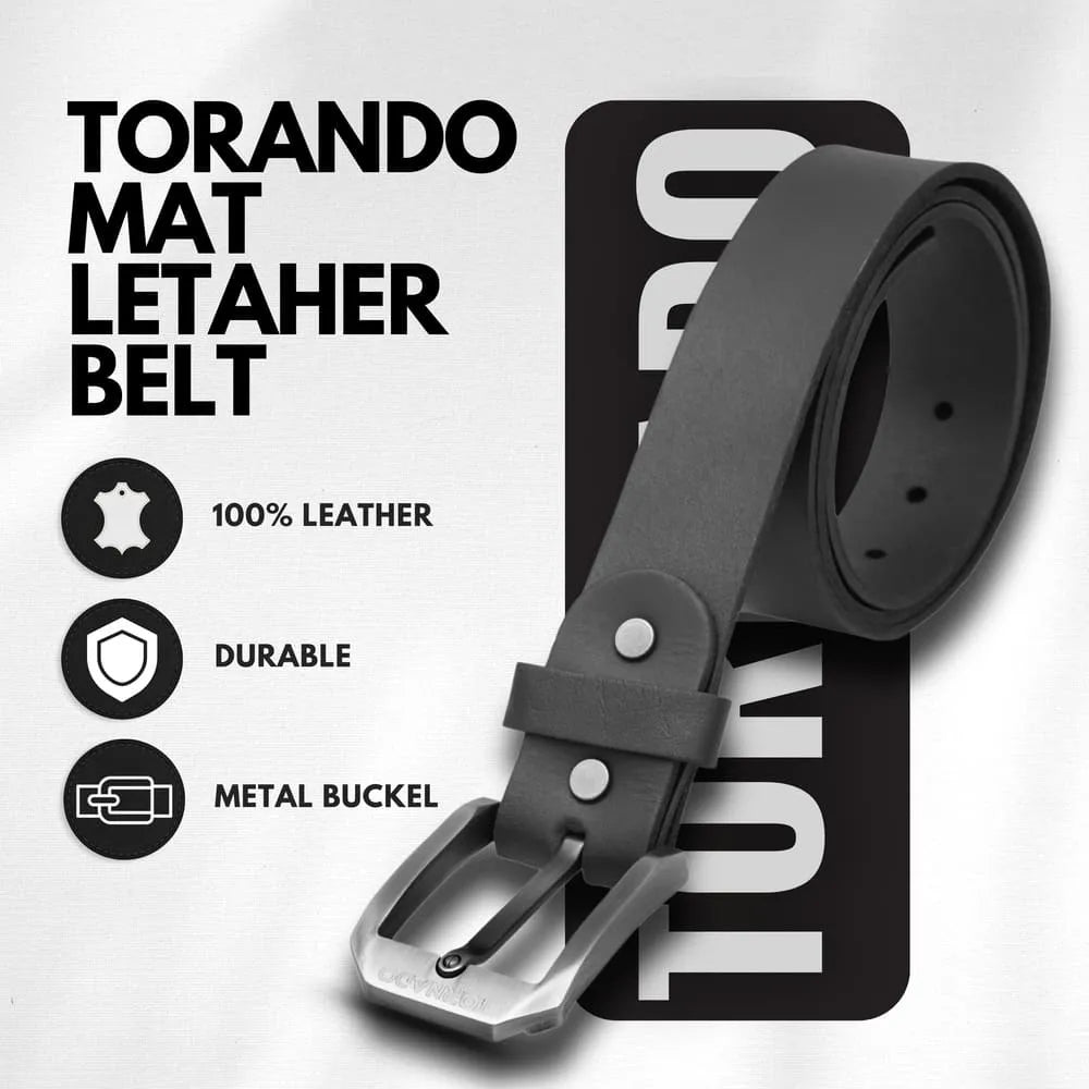 Black leather belt with metal buckle on a white background, featuring 'Torando' branding.