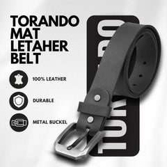Black leather belt with metal buckle on a white background, featuring 'Torando' branding.