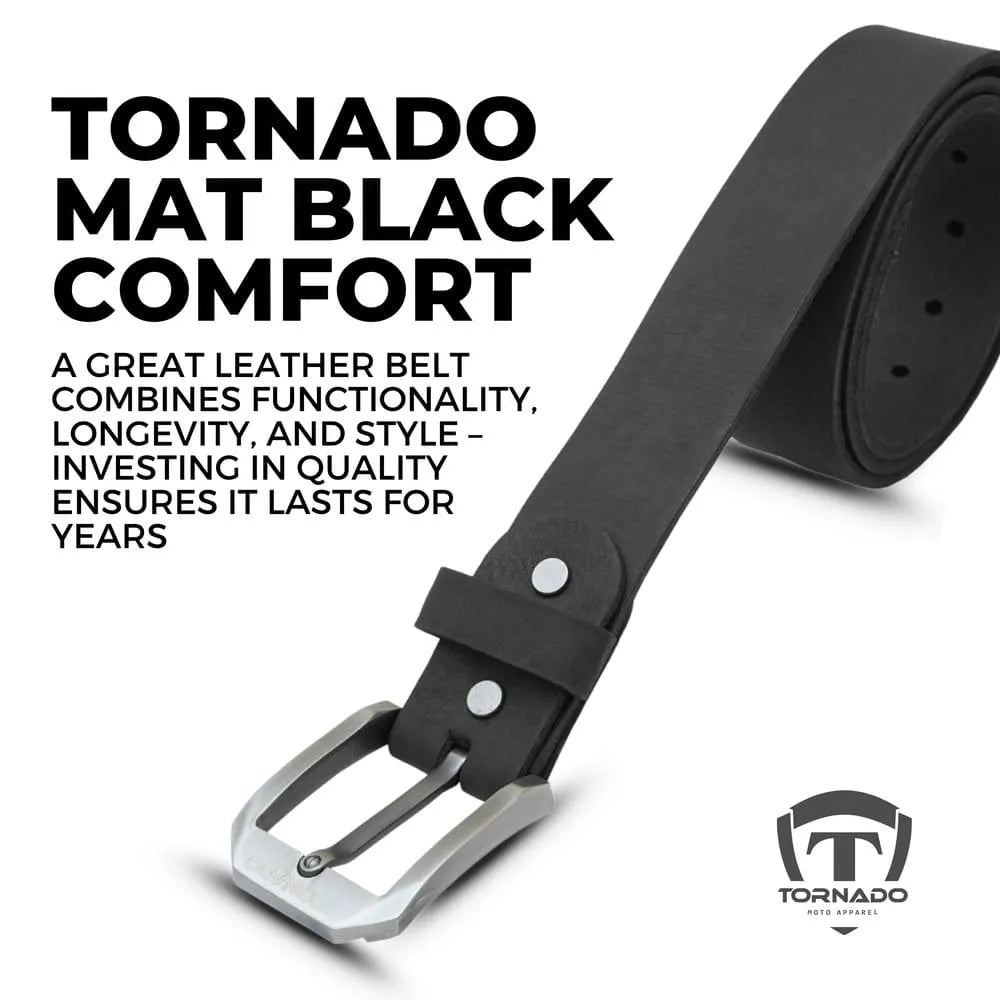 Black leather belt with silver buckle on a white background, featuring text about quality and durability.