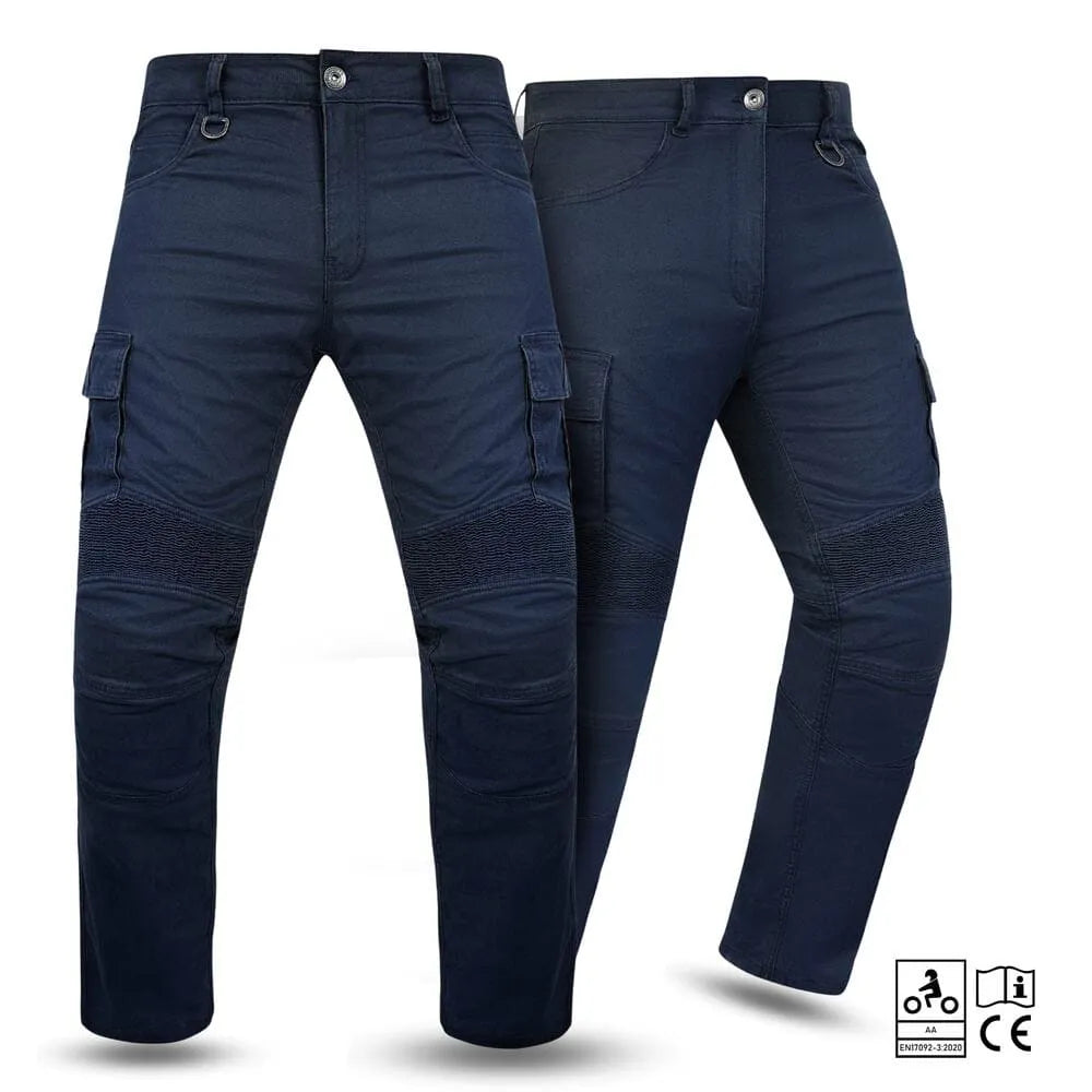 Pair of navy blue pants with multiple pockets and protective patches on a white background
