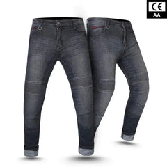 Pair of black motorcycle jeans with visible CE and AA logos on a white background