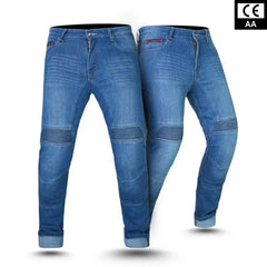 Pair of blue motorcycle jeans with protective patches on a white background