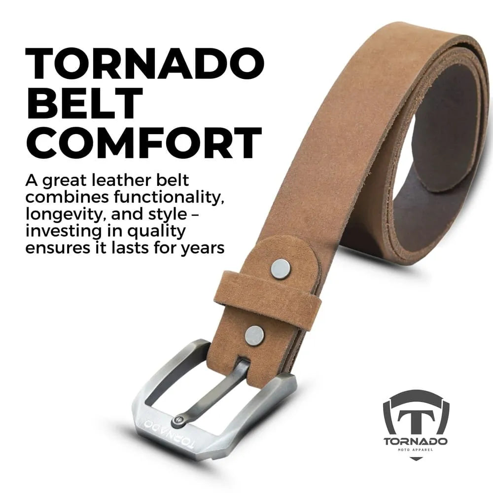 Brown leather belt with silver buckle on a white background, featuring text about belt comfort and quality.
