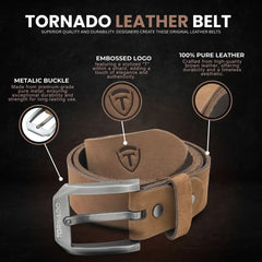 Brown leather belt with metallic buckle on a dark background, featuring text about belt quality and design.