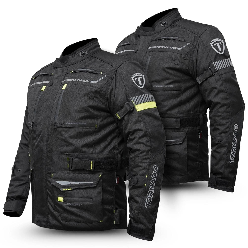 Tornado Moto Fluorescent Raid Leather Textile Jacket – CE Certified Hi-Vis Vented Adventure Motorcycle Jacket