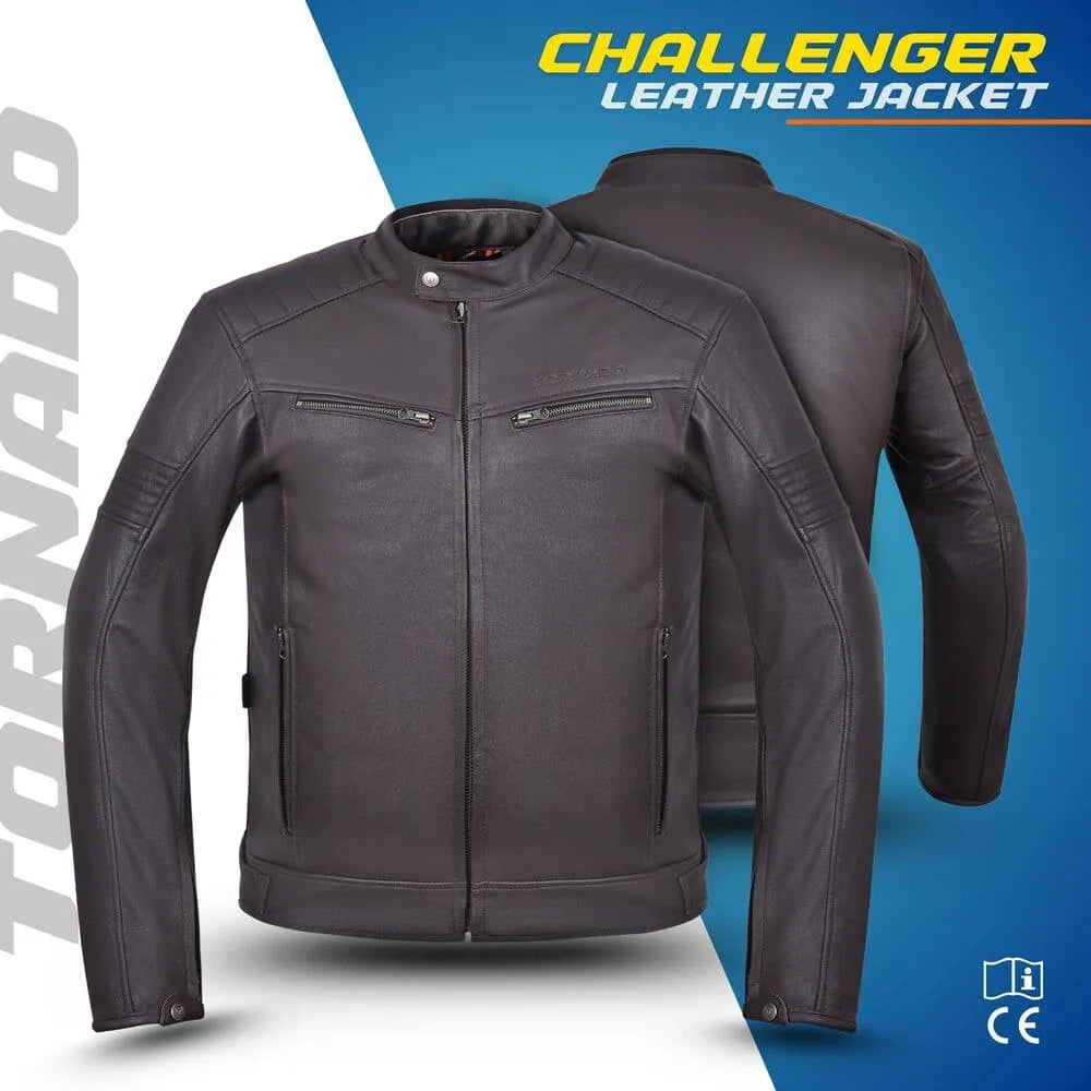 Black leather jacket displayed from front and back on a blue and white background with 'Challenger' branding.