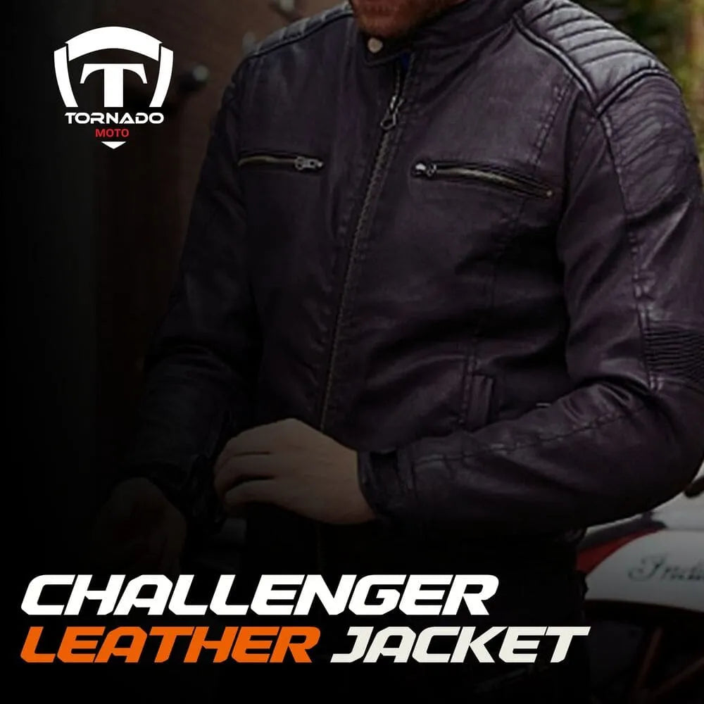 Person wearing a leather jacket with Tornado Moto logo and 'Challenger Leather Jacket' text.