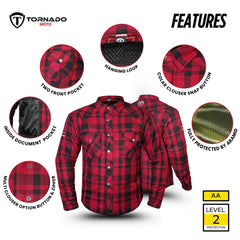 Tornado Sports Red Line Motorcycle Filson Kevlar Protective Riding Shirt
