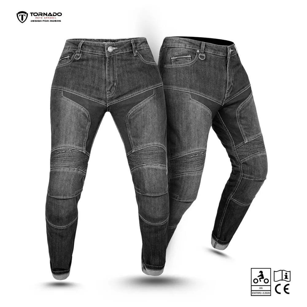 Pair of women black motorcycle jeans with Tornado branding on a white background