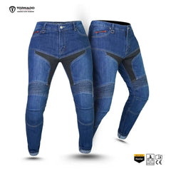 Women blue motorcycle jeanswith black protective patches on a white background, featuring the Tornado brand logo.