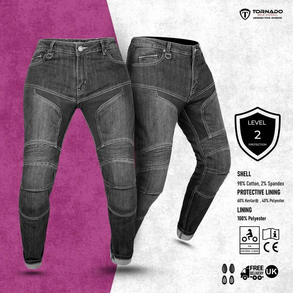 women black motorcycle jeans with protective features on a purple and white background, featuring the Tornado brand.