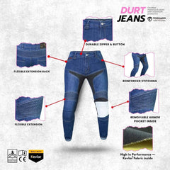 Women blue motorcycle jeans with features highlighted on a white background