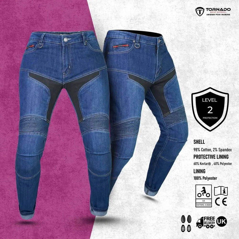 Women blue motorcycle jeans with protective padding on a pink and gray background, featuring Tornado brand logo.