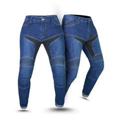 Pair of women blue motorcycle jeans with black protective patches on a white background