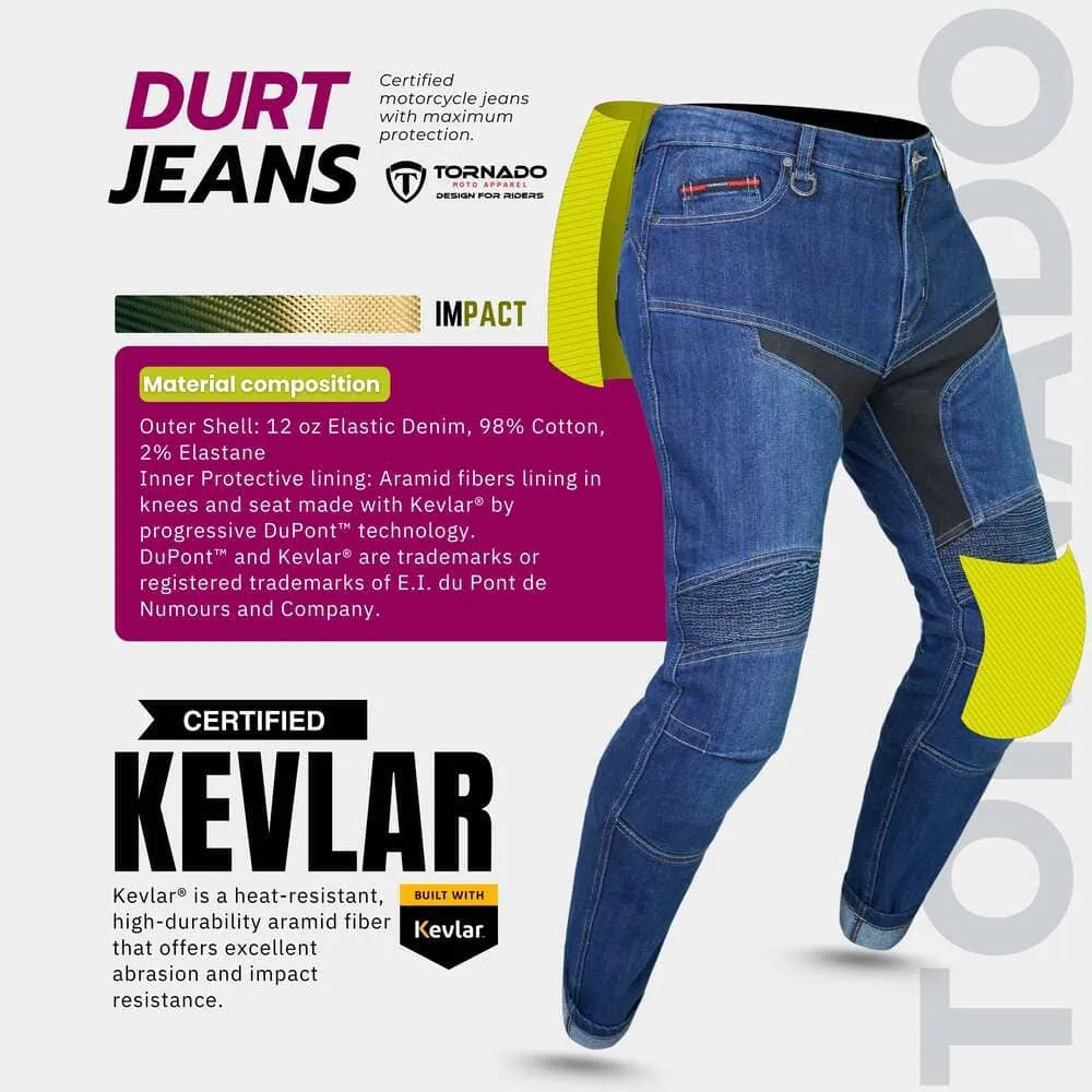 Women blue motorcycle jeans with Kevlar reinforcement on a white background, featuring Durt Jeans branding.