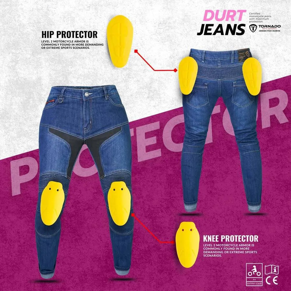 Women blue motorcycle jeans with hip and knee protectors on a pink and white background