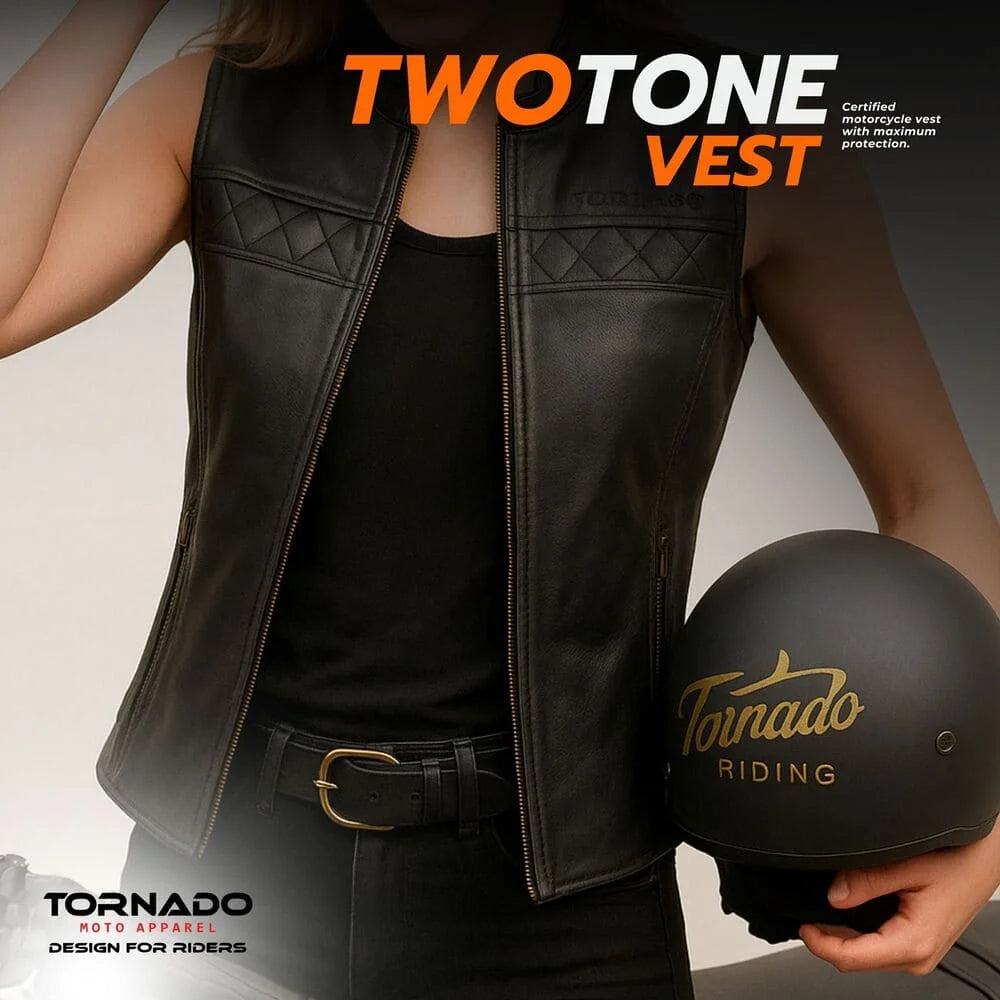 Women wearing a brown leather vest holding a helmet with 'Tornado Riding' branding.